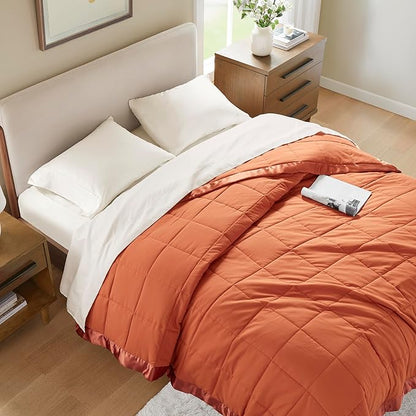 Madison Park Twin Blanket Quilted Microfiber, Satin Binding, 3M Scotchgard Moisture Wicking Treatment, Soft and Lightweight Summer Blanket for Couch, Windom, Twin, Orange