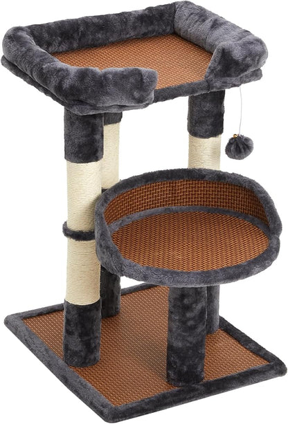 Multi-Level Cat Tree for Indoor Adult Cats, Modern Cat Tower with Double Beds & Scratching Posts, Cute Cat Tree Tower for Large Cats and Kitten, Small Cat Tree Tower with Hanging Toys, Grey