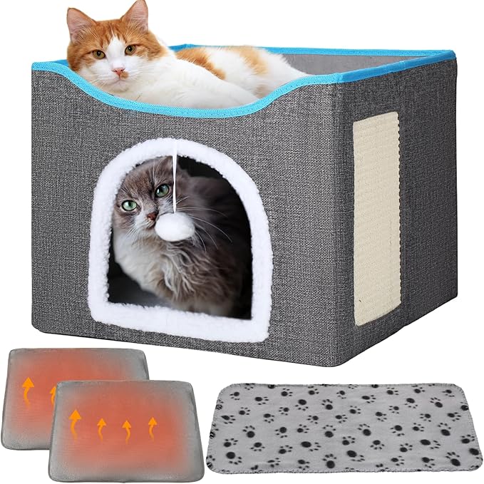 Cinnvoice Heated Cat Bed Indoor for Cats Heated Cat House with 2 Pcs Self Warming Cats Bed 1pc Blankets Self Heating Cube Shelter Cave Condo with Scratch Pad Fluffy Ball for Winter Pet Small Dog