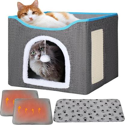 Cinnvoice Heated Cat Bed Indoor for Cats Heated Cat House with 2 Pcs Self Warming Cats Bed 1pc Blankets Self Heating Cube Shelter Cave Condo with Scratch Pad Fluffy Ball for Winter Pet Small Dog