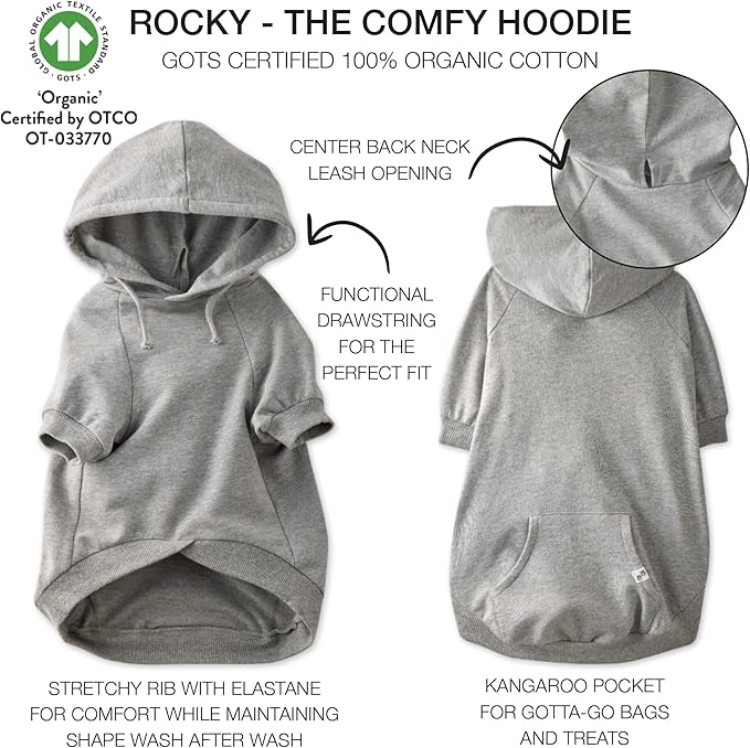 Pet Passion Rocky – The Original Lightweight Hooded Tee 100% Organic Cotton Dog Hoodie Pet Coat Sweater for All Sized Dogs, Original Heather Gray, X-Small (5-12 lbs)