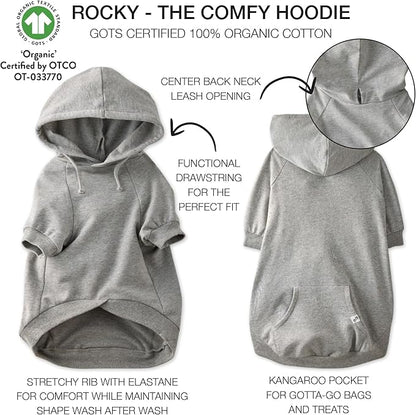 Pet Passion Rocky – The Original Lightweight Hooded Tee 100% Organic Cotton Dog Hoodie Pet Coat Sweater for All Sized Dogs, Original Heather Gray, XX-Small (4-7 lbs)