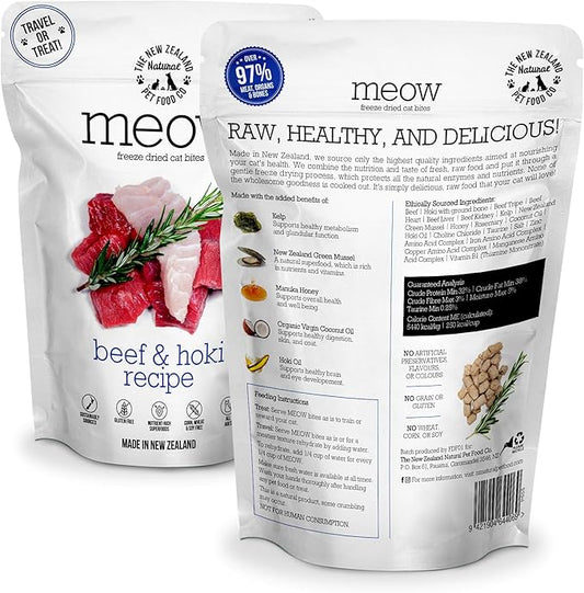 The New Zealand Natural Pet Food Co. Meow Freeze Dried Cat Food - Beef & Hoki Recipe, High Protein, Meals & Toppers, Dry Cat Food,1.76 oz