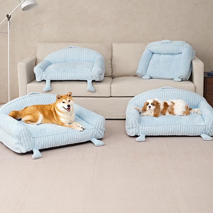 EHEYCIGA Washable Dog Beds for Large Dogs 36 Inch - Striped Cat Couch for Indoor Cats with Removable Cover, Shredded Memory Foam Waterproof Puppy Bed with Non - Slip Bottom, Blue