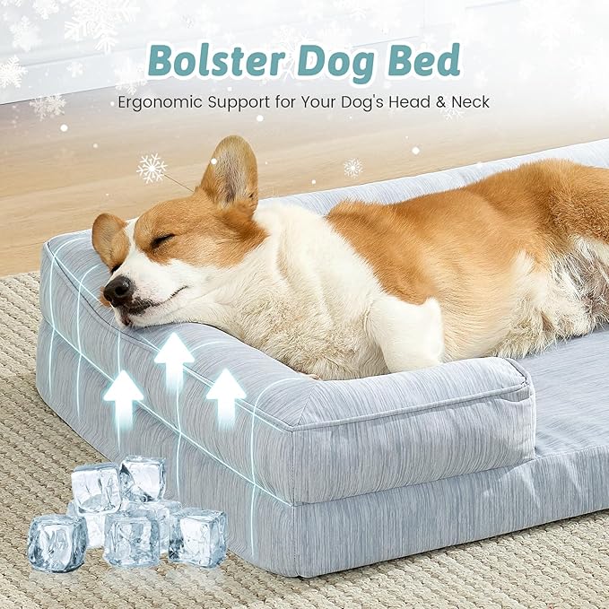 COZY KISS Cooling Dog Bed for Medium Small Size Dogs, Q-Max >0.4 Summer Cool Pet Bed, Orthopedic Foam Dog Sofa with Sides, Bolster Anti-Slip Couch with Washable Removable Cover, M 30x20x6 inch, Blue