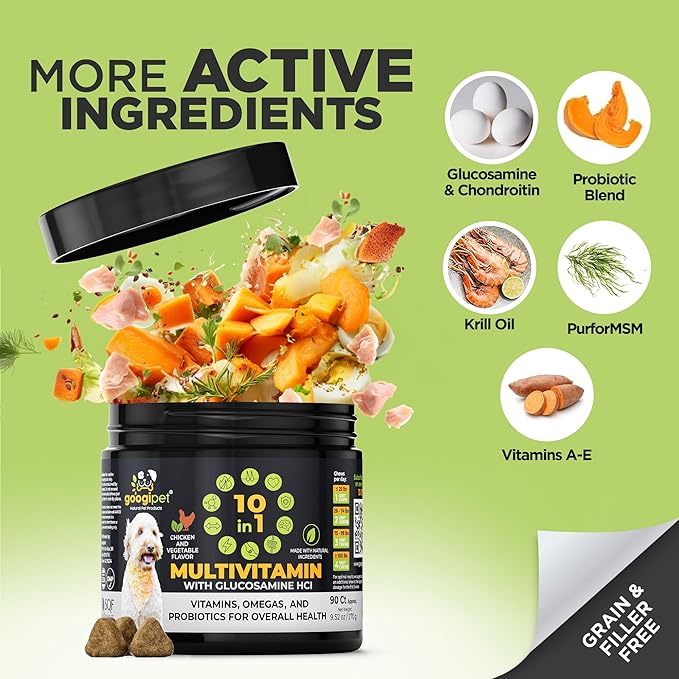 Googipet Premium Dog Multivitamin Chewable, Dog Vitamins and Supplements, Puppy Vitamins & Senior Dogs Probiotics for Gut Health + Vitamin C, Glucosamine for Dogs Joint Support (Chicken Flavor)