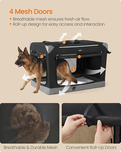 Feandrea Collapsible Dog Crate, Portable Oxford Fabric Pet Travel Crate with 4 Mesh Doors, Handles, Pocket, 42 Inches, for Large Dogs, Ink Black and Dove Gray UPDC031BH01