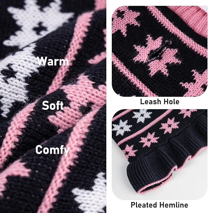 KYEESE Dog Sweater for Small Dogs Fall Winter Dogs Clothes Warm Pet Coats Turtleneck Knit for Girl Pet Sweater with Leash Hole Dog Sweater Dress with Classic Snow flake Pattern, Girl Navyblue, X-Small