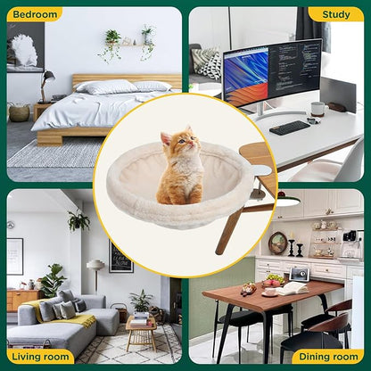 Cat Desk Bed, Round Cat Bed for Desk，Adjustable Steel Frame, Indoor Desk Perch for Cat up to 25 lbs, Unique and Modern Cat Furniture（Cream）
