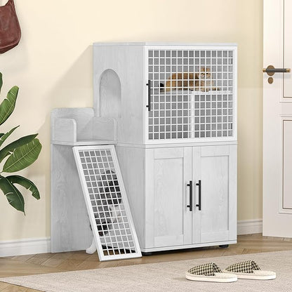 IDEALHOUSE Modern Cat Litter Box Enclosure with Platform, Double Layer Hidden Litter Box, Indoor Washroom, Villa Cat House with Ladder, 33.5" l x 17.9" w x 41.9" h,White