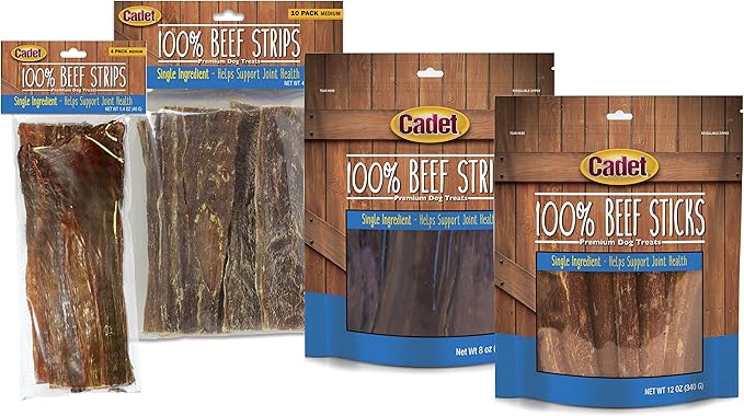 Cadet 100% Beef Strip Long Lasting Chews for Dogs, Single Ingredient Beef Esophagus Dog Treats, Natural High Protein Rawhide Alternative for Small & Large Dogs, 8 Ounce