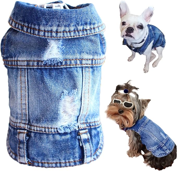 Dog Jean Jacket, Blue Denim Shirt Classic Lapel Vest Coat Costume Puppy T-Shirt, Comfort Tank Top Cool Apparel, Washed Pet Clothes for Dogs Boy Girl (Blue, X-Small)