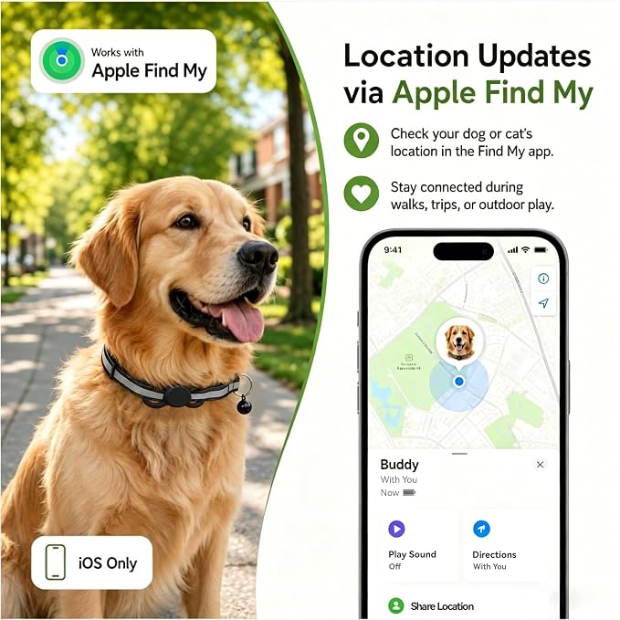 Dog Tracker, GPS Tracker for Dogs with Real-Time Location Tracking, No Monthly Fee or SIM Card, IP68 Waterproof Dog Tracker Collar, Sound Alert, Up to 365-Day Battery, iOS Only (Black)