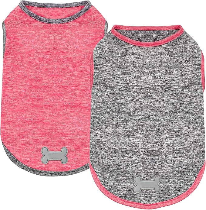 KYEESE 2Pack Dog Shirt, Lightweight Sun Protection Sleeveless Dog T Shirts for Small Dogs, Breathable Pet Reflective Tank Top Summer Dogs Clothes for Outdoor Walking, Coral Red+Grey, L