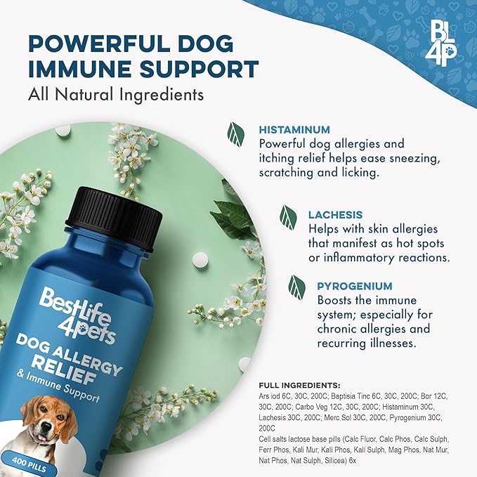 Dog Allergy Relief & Immune System Booster – Homeopathic Formula for Allergy Support & Skin Relief for Dog Itching – Helps with Sneezing, Runny Nose, Swelling, & Seasonal Allergies – 400 Tiny Pills