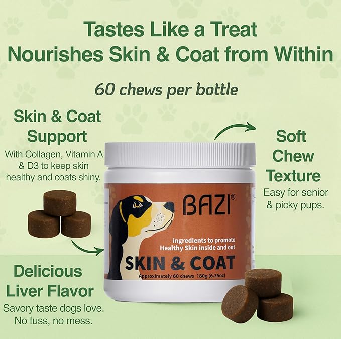 BAZI Skin & Coat Dog Chews – Collagen, Omega-3, EPA & DHA for Skin Health & Coat Shine – Antioxidant-Rich Supplement with Vitamin A & D3 – Supports Brain, Energy, and Balanced Blood Sugar