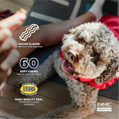 GNC Pets Essentials Dog Probiotic Soft Chews for Digestive Support, Bacon Flavor Daily Supplement with Prebiotics, Probiotics and Enzymes for Puppies and Adult Dogs in Reusable Jar, 60 Count