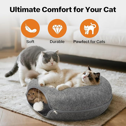 Pawise Peekaboo Cat Cave Donut Tunnel Bed, Cat Tunnel Bed,Convertible Felt Cats Cave for Indoor Catty, Comes with Random Catty Teaser Wand & Cat Collar(Large)