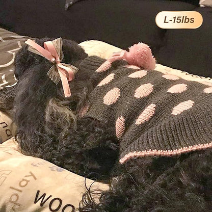 KYEESE Dog Sweater Dress Polka Dot Turtleneck Dogs Sweaters for Girl with Leash Hole Knit Pullover with Pom Pom Ball