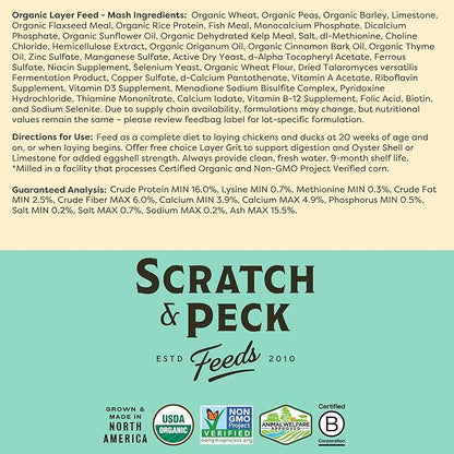 Scratch and Peck Feeds Whole Grain Layer Mash Chicken and Duck Feed - Corn-Free and Soy-Free - 16% Protein, Certified Organic and Non-GMO Project Verified Chicken Food - 50 lbs Bag