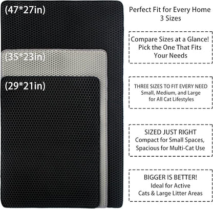 Cat Litter Box Mat Double Layer Trapping Mat Easy-Clean Waterproof Urine Proof(Black 30x22in)