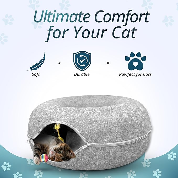 MEOWMATES Peekaboo Cat Tunnel Bed with Hanging Ball Toy – Large Cat Tunnels for Indoor Cats up to 30lbs – Round Cat's cave Bed with Scratch-Resistant, Easy to Wash & Cozy Design (24x24x11)