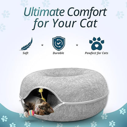 MEOWMATES Peekaboo Cat Tunnel Bed with Hanging Ball Toy – Large Cat Tunnels for Indoor Cats up to 30lbs – Round Cat's cave Bed with Scratch-Resistant, Easy to Wash & Cozy Design (24x24x11)