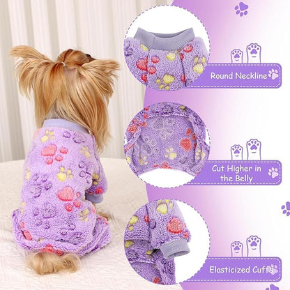 YIKEYO Dog Sweaters for Small Dogs, Dog Pajamas Winter Girl and Boy,Puppy 4 Legged Clothes Chihuahua Yorkie Teacup Jumpsuit Cute Feet Print(Purple, XS)