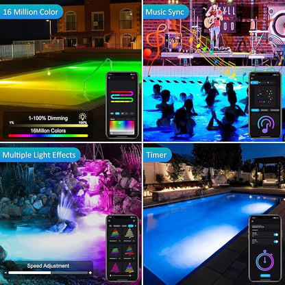 T-SUN Colored Pond Lights with APP and Remote Control – Bright LED Underwater Submersible Fountain Lights, IP68 Waterproof Landscape Spotlight for Garden Koi Pond Aquarium Fish Tank (Set of 4)