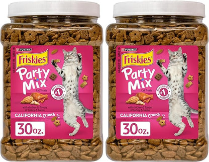 Friskies Purina Party Mix California Crunch with Chicken and Flavors of Turkey and Bacon Cat Treats - 30 oz Canister (Pack of 2)