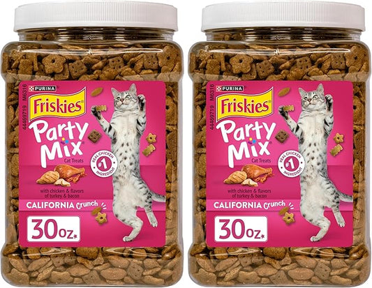 Friskies Purina Party Mix California Crunch with Chicken and Flavors of Turkey and Bacon Cat Treats - 30 oz Canister (Pack of 2)