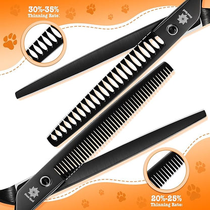 Dream Reach Dog Grooming Scissors - Professional 7.5 Inch Pet Scissors Sharp and Durable Shears Set Thinning, Chunker, Straight, Curved Shears and Comb for Dog Cat Pet, Black