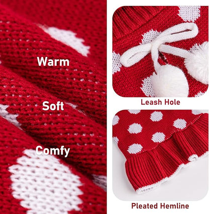 KYEESE Dog Sweater Dress with Leash Hole Polka Dot Turtleneck for Girl Dogs Sweaters Red Knit Pullover with Pom Pom Ball