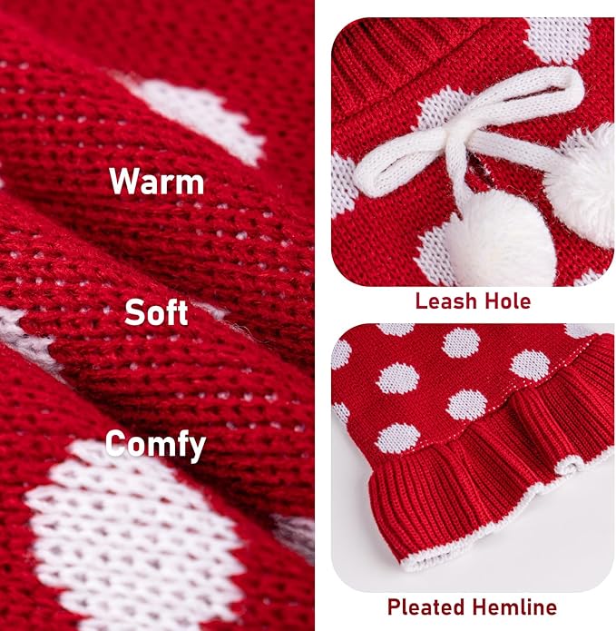 KYEESE Dog Sweater Dress with Leash Hole Small Turtleneck for Girl Dog Sweater Dress Polka Dot Knit Warm Puppy Sweaters with Pom Pom Ball