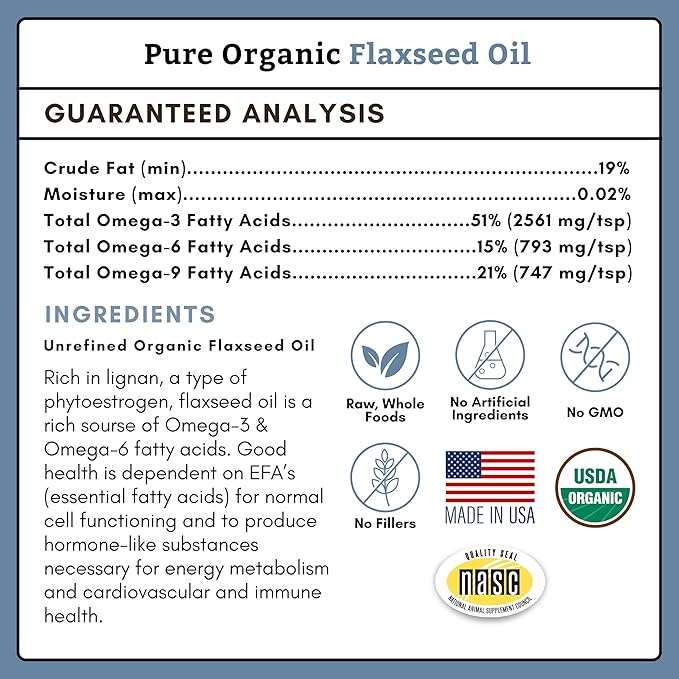 Wholistic Pet Organics Flaxseed Oil for Dogs and Cats - 16 Oz - Omega 3 for Dogs and Cats - Cat & Dog Skin and Coat Supplement for Itchy Skin, Shedding - Omega 3 6 9 Liquid Food Topper - 90 Day Supply