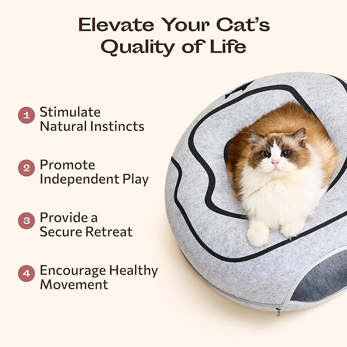 Meowfia Hideout Peekaboo Cat Cave – Donut Tunnel Bed Enclosure for Indoor Cats – Multi-Cat Hideaway in Cute Patterns (Dark Grey)
