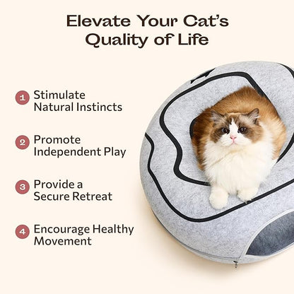Meowfia Hideout Peekaboo Cat Cave – Donut Tunnel Bed Enclosure for Indoor Cats – Multi-Cat Hideaway in Cute Patterns (Dark Grey)
