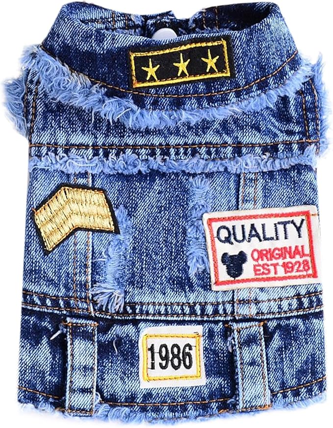 Cool Dog Jean Jacket Small Puppy Outfits Frenchie Clothes Denim Coats for Small Medium Dogs Cats Boys Girls Pet Vest Dog Shirt Clothing Doggy Costume (Blue Print, XXL（Suggest 15-20 lbs）)