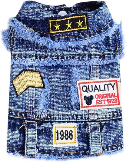 Cool Dog Jean Jacket Small Puppy Outfits Frenchie Clothes Denim Coats for Small Medium Dogs Cats Boys Girls Pet Vest Dog Shirt Clothing Doggy Costume (Blue Print, M（Suggest 6-9 lbs）)