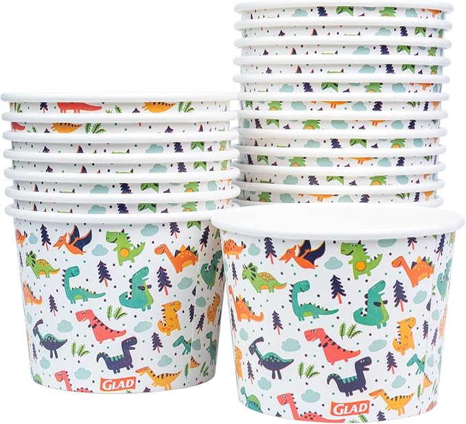 Glad for Kids Dinosaurs Paper Snack Bowls, Colorful Heavy Duty Microwave Safe Disposable Bowls for Soup, Ice Cream, and Snacks, Lids Not Included, Multicolor, Party Pack, 12 Oz, 20 Count - 24 Pack