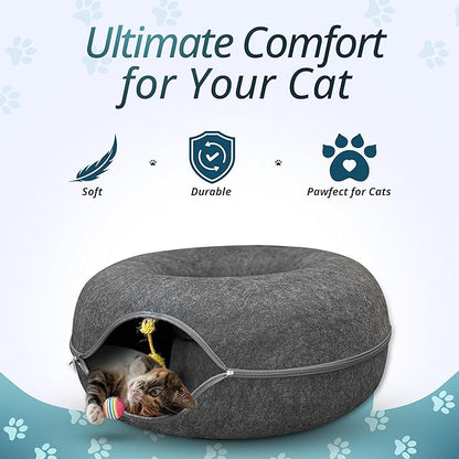 MEOWMATES Peekaboo Cat Tunnel Bed with Hanging Ball Toy – Large Cat Tunnels for Indoor Cats up to 30lbs – Round Cat's cave Bed with Scratch-Resistant, Easy to Wash & Cozy Design (24x24x11)