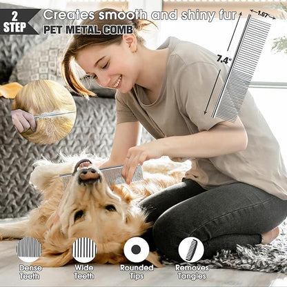 Bonteck Dog Slicker Brush for Dogs Grooming Kit 4PCS | Large Dog Brush for Goldendoodles Poodles Doodles | Long Pin Haired Brush | Poodle Brushes and Comb (Blue)