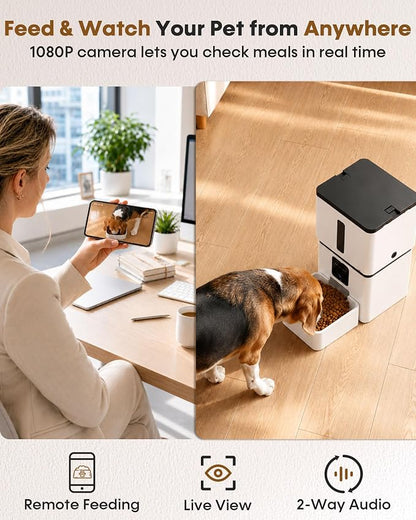 Yakry Automatic Dog Feeder with Camera - 8L/33 Cups Smart Dog Feeder | 5GHz/2.4GHz WiFi App Control for Small/Medium Dogs & Cats, 1080P HD Night Vision 2-Way Audio, Timed Dry Food Dispenser Indoor