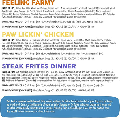 Sampler of all Weruva Freeze Dried Dog Food Recipes, Feeling Farmy, Paw Lickin Chicken, and Steak Frites Dinner (3 Pack, 1oz Bags)