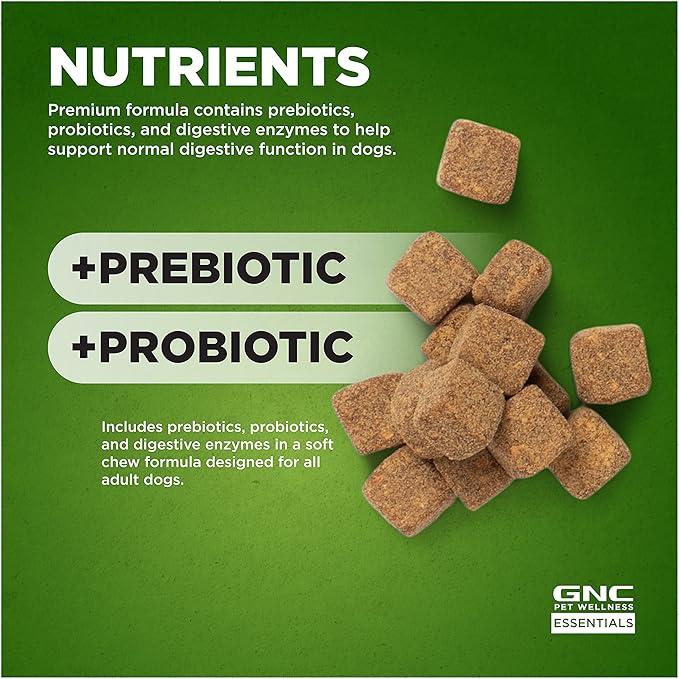 GNC Pets Essentials Dog Probiotic Soft Chews for Digestive Support, Bacon Flavor Daily Supplement with Prebiotics, Probiotics and Enzymes for Puppies and Adult Dogs in Reusable Jar, 60 Count