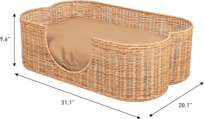 DBD1003B Scallop Handwoven Water Hyacinth Pet Bed with Machine Washable Cushion, 31" x 20" Wicker Cat and Dog Bed for Medium to Large Pets, Boho Tropical Style Basket, Light Brown