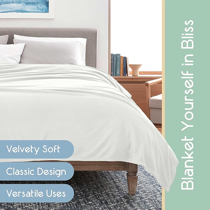 Vellux King Size Microfleece Blanket | Fleece Bed Blanket | All-Season Comfort| Supersoft Lightweight Throw Blanket | Plush Throw Blanket for Bed Couch or Sofa | Travel Blanket | Pet-Friendly | White