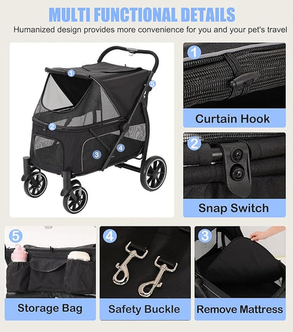 Large Dogs Stroller for Multiple Pets up to 100lbs, Ultra-Breathable Pet Stroller for Medium 2 Dogs，All-Terrain with& Mesh Dual-Window，1680D Waterproof Oxford Fiber (Black)