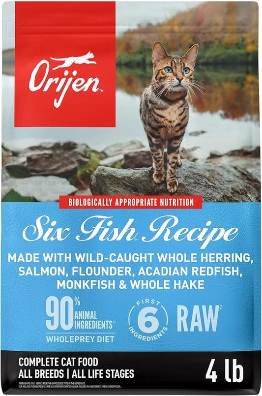 ORIJEN Grain Free High Protein Premium Dry Cat Food Six Fish Recipe 4lb Bag