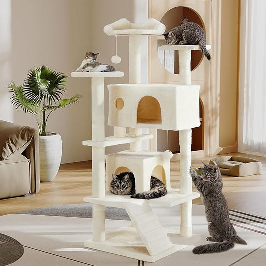54 Inches Cat Tree Condo Furniture, Cat Tree for Indoor Cats, Cozy Hammock and Sisal Scratching Posts, Cat Tower Multi-Level Durable Cat Scratch Post for Kittens Pet House Play, Detachable, Beige